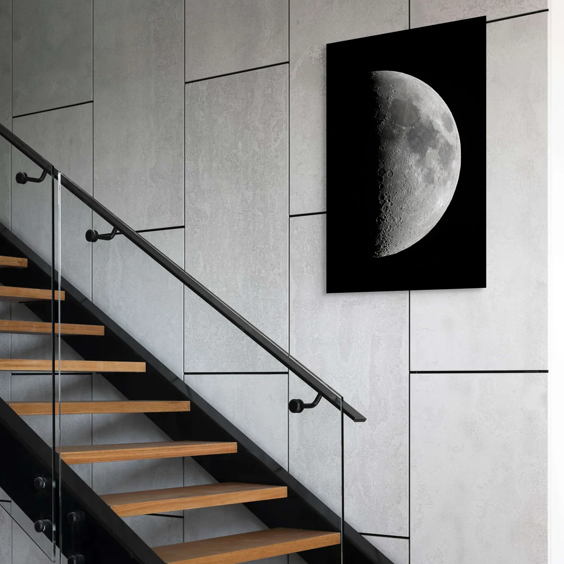 1st_Quarter_Moon_by_J_K_Lovelace_20_inch_wide_metal_print_over_industrial_staircase